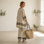 Mariella – Elegant linen set: black striped top and flowing trousers