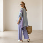 Carlotta – Elegant outfit: lavender and sky blue top with linen trousers