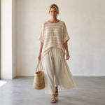 Graziella – Natural bamboo striped top and flowing linen trousers, a fresh and elegant coordinated set