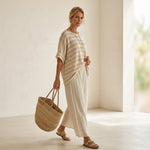 Graziella – Natural bamboo striped top and flowing linen trousers, a fresh and elegant coordinated set