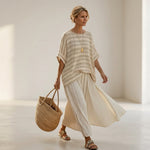 Graziella – Natural bamboo striped top and flowing linen trousers, a fresh and elegant coordinated set