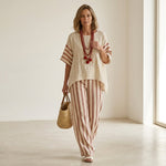 Rosalinda – Complete outfit: rustic-elegant striped top and cream linen trousers