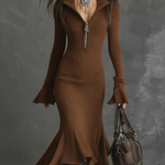 Retro Zipper Neck Trumpet Sleeve Knitted Midi Dress