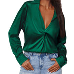 Satin V Neck Twist Front Silk Shirts - Zeagoo (Us Only)