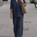 Women's Solid Color Casual Loose Long Sleeve Shirt Wide Leg Pants Two-piece Suit