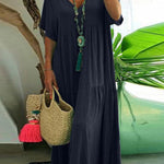 Women's Loose Stylish Solid Color V-neck Irregular Cotton Long Dress
