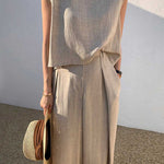 Women's Solid Color Casual Elegant Stylish Sleeveless Top Wide-leg Pants Two-piece Suit