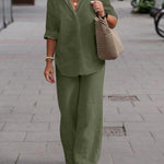 Women's Solid Color Casual Loose Long Sleeve Shirt Wide Leg Pants Two-piece Suit