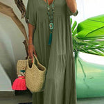 Women's Loose Stylish Solid Color V-neck Irregular Cotton Long Dress