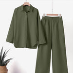 Women's Solid Color Casual Loose Long Sleeve Shirt Wide Leg Pants Two-piece Suit