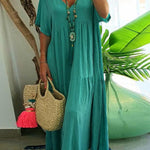 Women's Loose Stylish Solid Color V-neck Irregular Cotton Long Dress