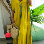 Women's Loose Stylish Solid Color V-neck Irregular Cotton Long Dress