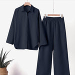 Women's Solid Color Casual Loose Long Sleeve Shirt Wide Leg Pants Two-piece Suit