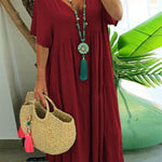 Women's Loose Stylish Solid Color V-neck Irregular Cotton Long Dress