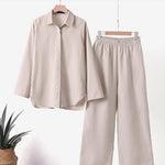 Women's Solid Color Casual Loose Long Sleeve Shirt Wide Leg Pants Two-piece Suit