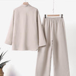 Women's Solid Color Casual Loose Long Sleeve Shirt Wide Leg Pants Two-piece Suit