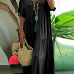 Women's Loose Stylish Solid Color V-neck Irregular Cotton Long Dress