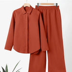 Women's Solid Color Casual Loose Long Sleeve Shirt Wide Leg Pants Two-piece Suit