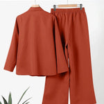 Women's Solid Color Casual Loose Long Sleeve Shirt Wide Leg Pants Two-piece Suit