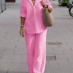 Women's Solid Color Casual Loose Long Sleeve Shirt Wide Leg Pants Two-piece Suit