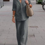 Women's Solid Color Casual Loose Long Sleeve Shirt Wide Leg Pants Two-piece Suit