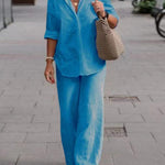 Women's Solid Color Casual Loose Long Sleeve Shirt Wide Leg Pants Two-piece Suit