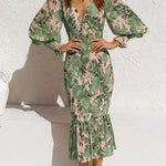 Margovil V Neck Lantern Sleeve Printed Ruffle Dress