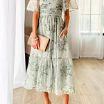 Square Neck Short Sleeve Ruched Floral Midi Dress