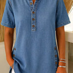 NatureQueens Women's Loose Denim Top - V Neck Short Sleeve Casual Button Up Cotton Blouse