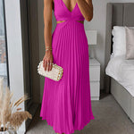 7 Colors Chicest V Neck Cut Out Waist Sleeveless Pleated Maxi Dress