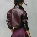 Women's Loose PU Leather Short Double Chest Pocket Jacket