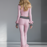 Elegant Sporty Black-trimmed Pink Flared Pants Set