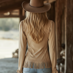 Retro Western-style Beige Slightly Stretchy Faux Suede Fringe Shirt