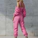Stylish And Modern Long-sleeved Strappy Tapered Legs Pink Denim Jumpsuit
