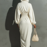 Women's Minimalist Waist Shirring Hooded Sweatshirt Maxi Dress