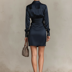 Women's Minimalist Satin Collared Mini Dress With Tie Detail