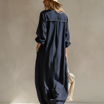 Elegant Urban-style Navy Blue Cotton And Linen Maxi Dress