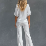 Retro V-neck Cotton And Linen Short-sleeved T-shirt And Wide-leg Pants Set