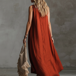 Vintage And Charming Red Cotton And Linen Sleeveless Maxi Dress