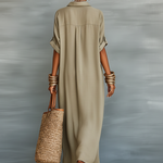 Women's Minimalist Linen Blend Short-sleeved Shirt Maxi Dress