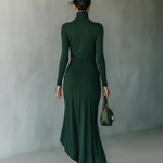 Women's Dark Green High-elastic Knitted High-neck Wrap Dress Midi Dress