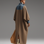 Women's Brown Double-Sided Brushing and Blue Denim Stand Collar Loose-Fitting Long Dress