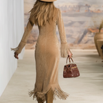 Retro Western Style V-neck Fringed Faux Suede Maxi Dress
