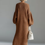 Elegant Urban Silhouette Round Neck Heathered Khaki Knitted Maxi Dress
