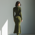 Women's Army Green Stretch Knit High Neck Pleated Slim Fit Maxi Dress