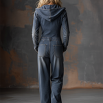 Retro Front Zipper Gray-blue Denim Hooded Jumpsuit
