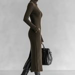 Women's Slim Fit Plush Knitted High Neck Side Slit Midi Dress