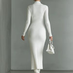 Women's White Knitted Polo Neck Slim Midi Dress