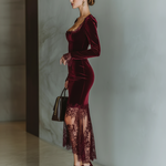 Women's Burgundy Velvet Lace Fitted Maxi Dress