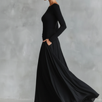 Women's Black Modern Crepe Ruched Boat - Neck Maxi Dress